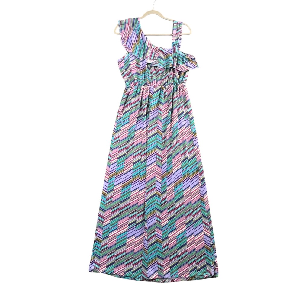 Y2K Chevron‎ Maxi Dress One Shoulder Boho Coquette Ruffle L